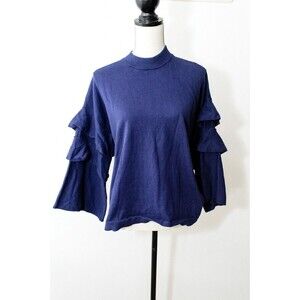 Two Bees Cashmere Cotton Blend Ruffle Bell Sleeve Blue Sweater L whimsy cottage